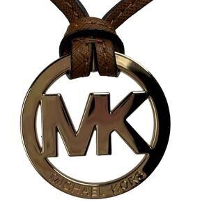 Michael Kors 2”X2” Round Gold MK LOGO Medallion Removable Cognac Leather Lanyard